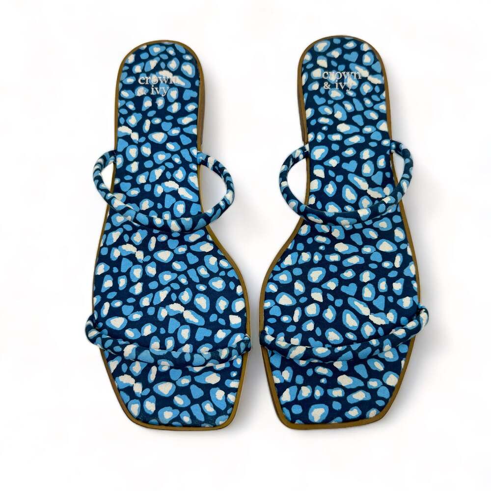 Crown & Ivy Janice NWOB Blue Leopard Print Two Strap Square Toe Flat Sandals